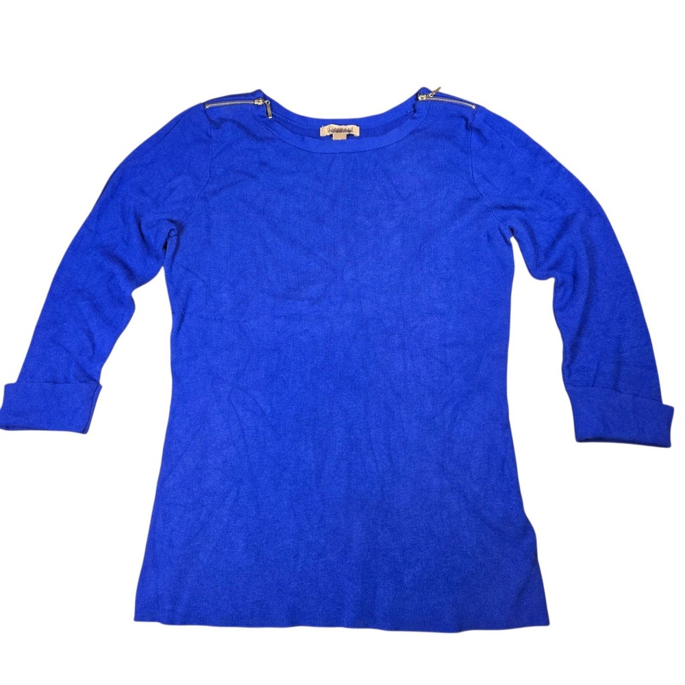 Roz & Ali Royal Blue Sweater Zipper Shoulder Accents 3/4 Sleeve Knit Top Size L